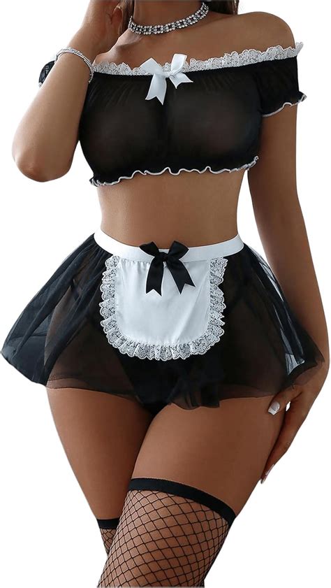 Amazon Shenhe Women S Lace Bow Mesh Sheer Maid Costume Lingerie With Stockings Roleplay