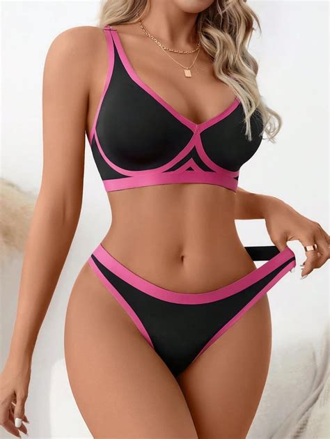 Ensemble De Lingerie Liser Contrastant Mode En Ligne Shein France