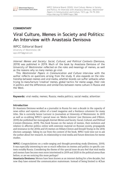 Pdf Viral Culture Memes In Society And Politics An Interview With Anastasia Denisova