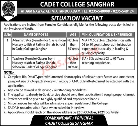 Cadet College Sanghar Jobs For Teaching And Non Teaching Staff On