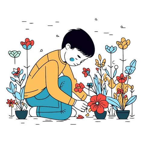 Ilustración vectorial de un niño plantando flores en el jardín estilo