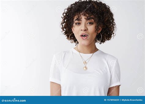 Oh Wow Entertained Impressed Silly Attractive Curly Hairstyle Mixed Race Lesbian Girl Look