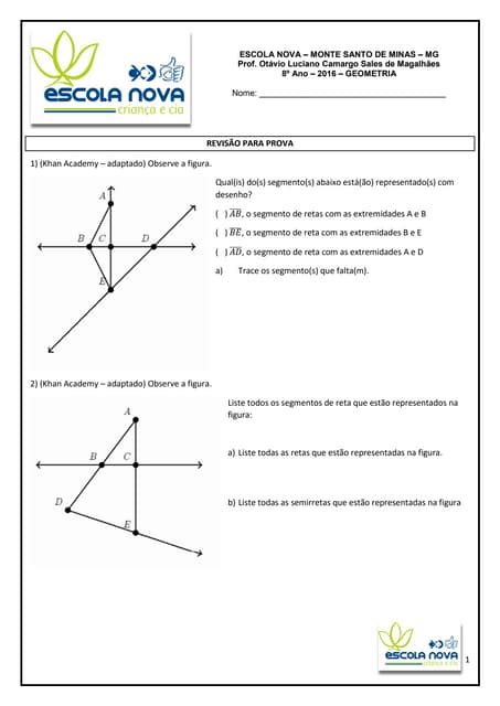 Atividade Sobre Pontos Retas E Planos 8º Ano 9º Ano Com Gabarito