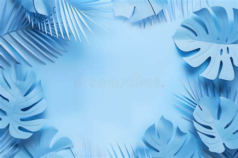 Minimalistic Blue Background With Tropical Leaves In Paper Cut Out