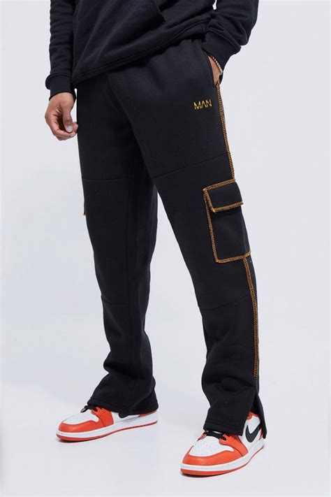 Split Hem Cargo Jogger With Contrast Stitch Boohoo Uk