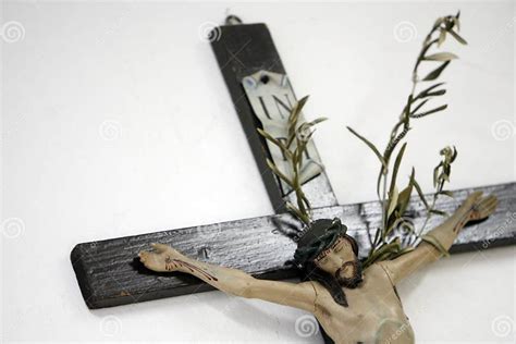 Jesus Christ On Cross With Olive Branch On White Background Stock Photo