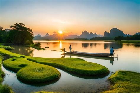 Premium Photo | A couple fishing on a lake at sunset