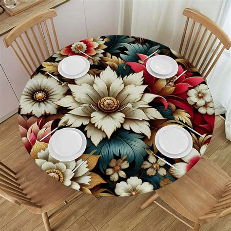 Maxiao Tablecloths Round Table Cover Black With Gold Leaf Floral