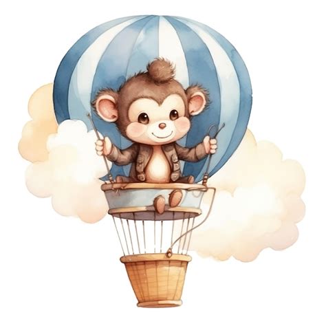 Premium Photo Whimsical Baby Monkey In Hot Air Balloon Watercolor