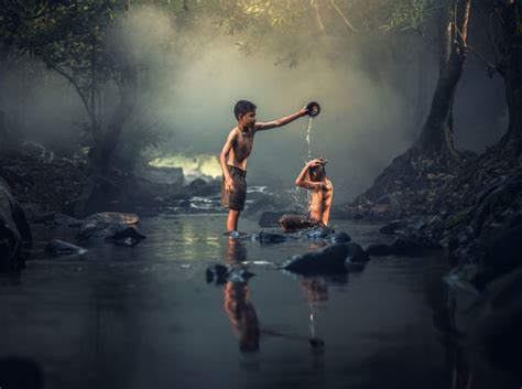 Bathing In A Creek Asia Thailand Travel Nature People Summer Trees River Asia Mist