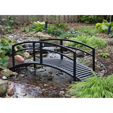 Modern 8 Ft Metal Garden Bridge With Arched Rails In Black Powder