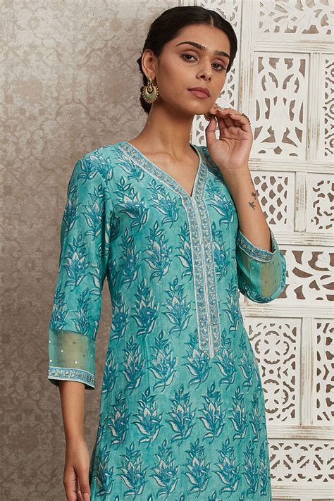 Buy Turquoise Block Printed Straight Cotton Silk Kurta For Women