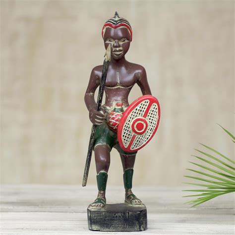 Hand Carved Wood Sculpture Of Zulu Warrior In Full Regalia Zulu