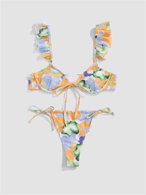 Ruffle Floral Knotted Underwire Bikini Set Cider