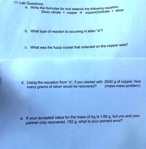 Solved Lab Questions Write The Formulas For And Balance The Following Equation Silver Nitrate