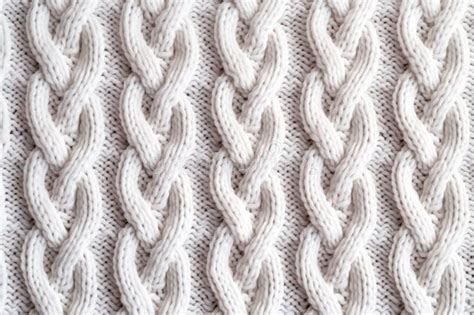 Background Of Soft White Knitted Fabric With Braided Braid Decoration Close Up Texture Of Wool