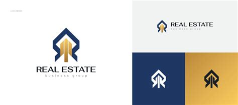 Abstract and Luxury Real Estate Logo Design in Blue and Gold Gradient Style. Construction and ...