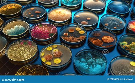 Mixed Of Bacteria Colonies In Various Petri Dish Growing Cultures Of