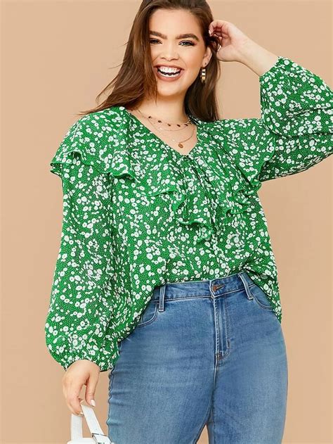 Shein Plus Ditsy Floral Print Ruffle Trim Balloon Sleeve Top Balloon