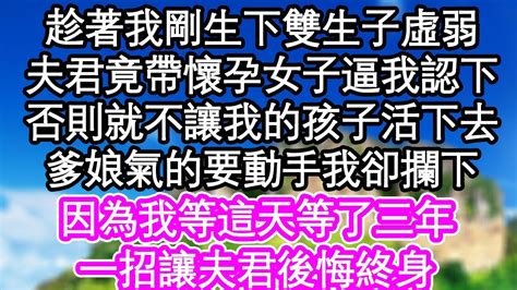 趁著我剛生下雙生子虛弱，夫君竟帶身懷六甲女子逼我認下，否則就不讓我的孩子活下去，爹娘氣的要動手我卻攔下，因為我等這天等了三年，一招讓夫君後悔