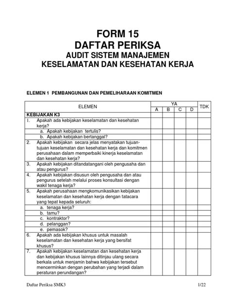 Form 15 Daftar Periksa Audit Smk3 Terbaru Pdf