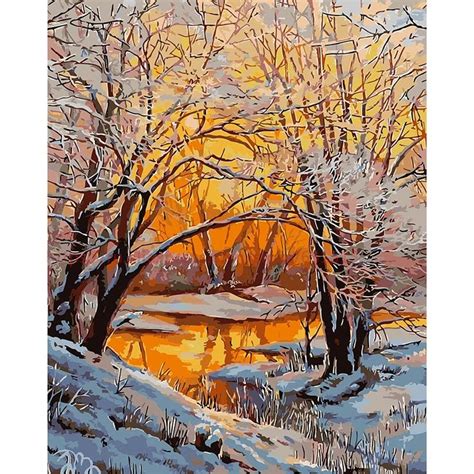 Winter Sunset Landscape Paint By Number Kit Forrest Tree Diy Etsy