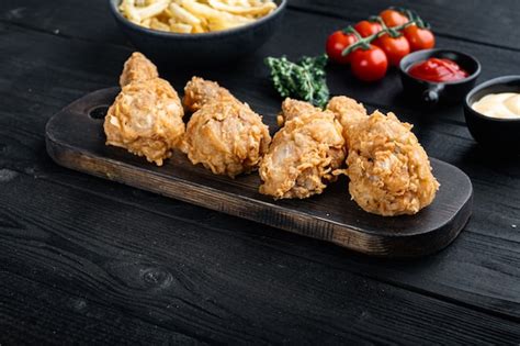 Coxa De Frango Milanesa E Frita Na Mesa De Madeira Preta Foto Premium