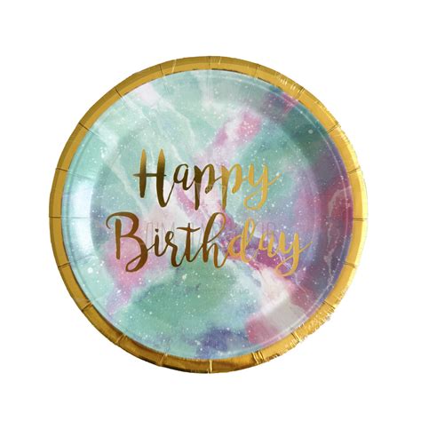 Картонные тарелки (10 шт) Happy Birthday, цвет бирюзово-фиолетовый, 18 ...