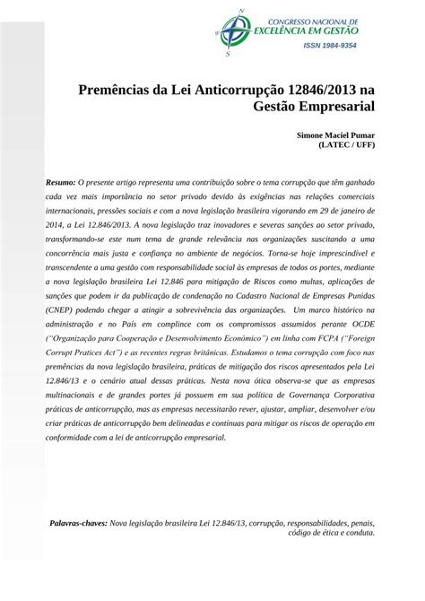 Pdf Prem Ncias Da Lei Anticorrup O Na Gest O Cada