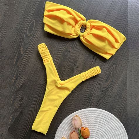 2025 Para Praia Solid Green Thong Bikini 2025 Sexy Bandeau Swimwear Women Brazilian Swimsuit