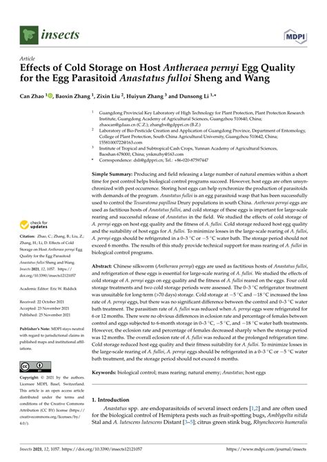 Pdf Effects Of Cold Storage On Host Antheraea Pernyi Egg Quality For