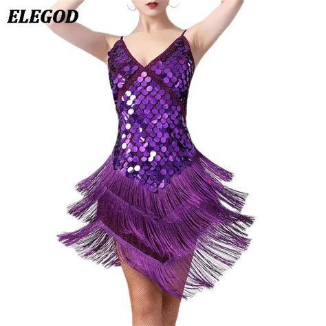 Sexy Sequins Latin Dance Dress Women Shiny Tassel Dancing Skirt Ladies