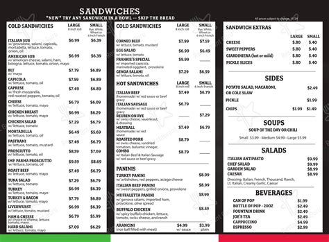 Menu at Frankie's Deli restaurant, Lombard, 17W626 Butterfield Rd