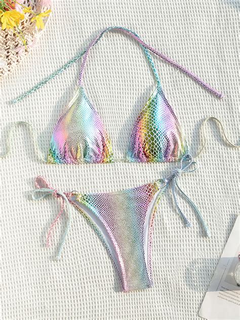 Colorful Snake Skin Halter Strappy Bikini Female Swimsuit Women