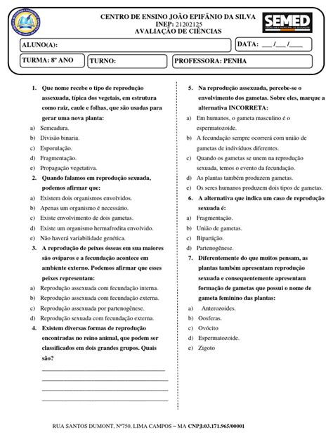 Questões Sobre Reprodução Sexuada E Assexuada 8 Ano - Reprodução Sexuada e Assexuada Ciencias 8º Ano | Download grátis PDF ...