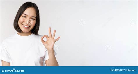 Everything Okay Smiling Young Asian Woman Assuring Showing Ok Sign