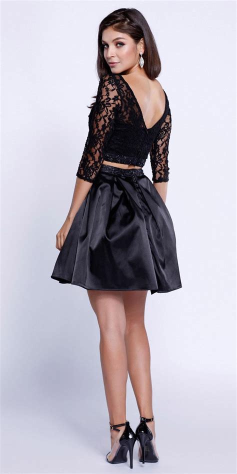 Quarter Sleeves Lace Top Short Two Piece Prom Dress Black