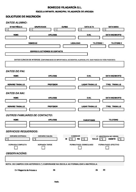 Solicitud Inscripción Escuela Infantil Municipal Vilagarcía