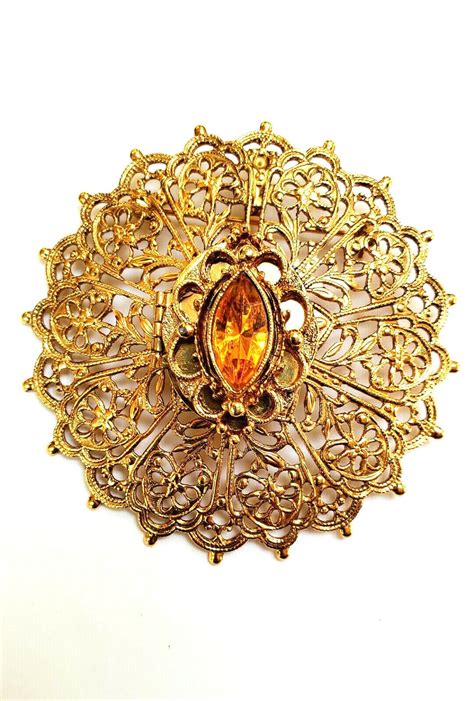 Vintage Filigree Amber Color Rhinestone Brooch Pendan Gem