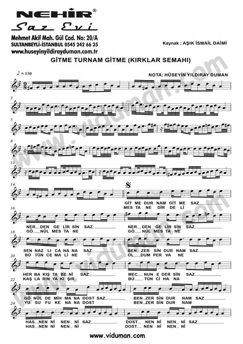 Gitme Durnam Kırklar Semahı Kısa Sap Bağlama Saz Türkü Notaları