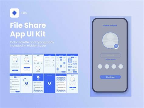 File Share App UI Kit and Different Screens Template on Blue Background ...