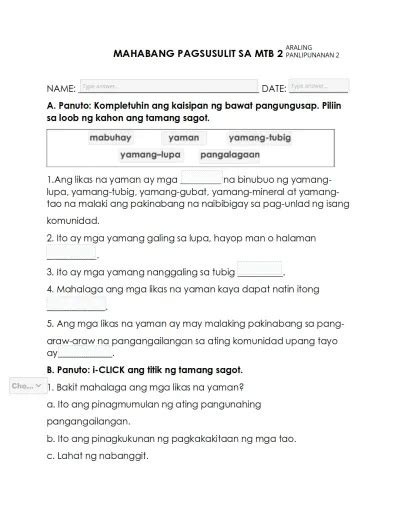 Mahabang Pagsusulit Sa Araling Panlipunan 2 Q3 Week 1 Interactive