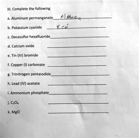 Solved Iii Complete The Following A Aluminum Permanganate A Mxeyt