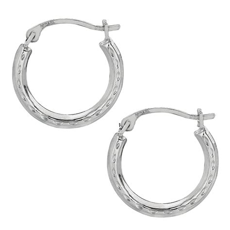 10k White Gold Shiny Diamond Cut Round Hoop Earrings Diameter 15mm