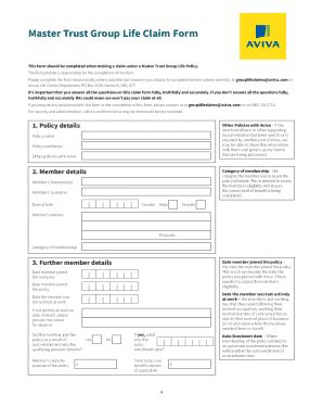 Fillable Online Master Trust Group Life Claim Form Aviva Plc Fax