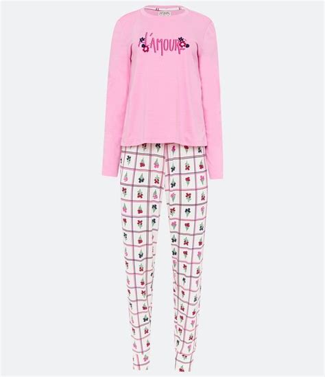 Pijama Longo Em Meia Malha Estampa Floral Grid Rosa Branco