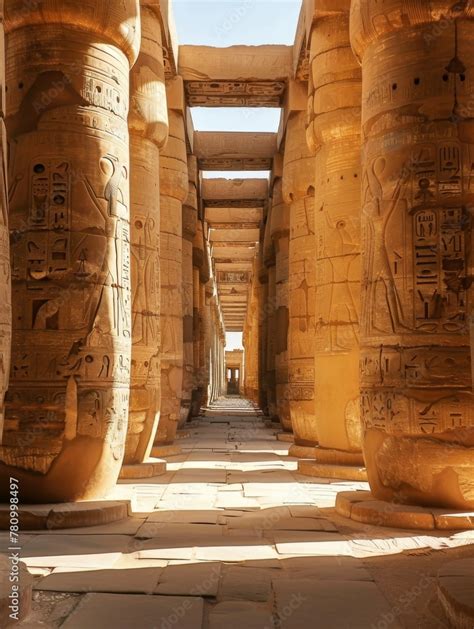 Columned Hallway Of An Egyptian Temple A Captivating View Down The