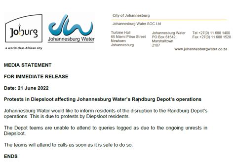 Johannesburg Water On Twitter Media Statement 🚨🚨🚨 Date 21 June 2022