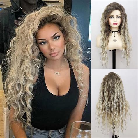 Gnimegil Synthetic Hair Long Blonde Curly Wigs For Women Waving Wig