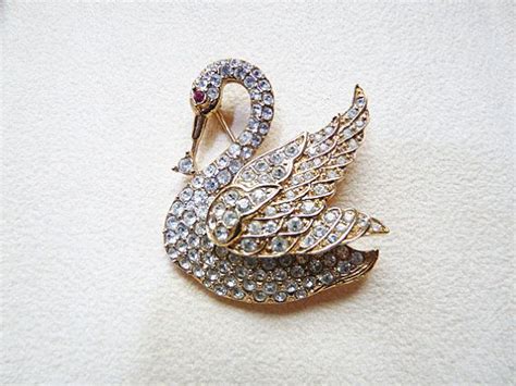 Attwood And Sawyer Gold Plated Swarovski Crystals Swan Brooch Etsy